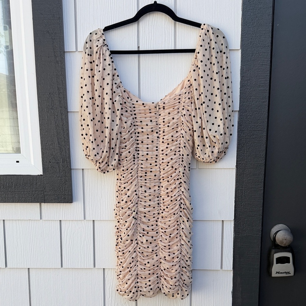 re:named Blush with Black Polka Dot Ruched Puff-Sleeve Mini Dress - Picture 2 of 8